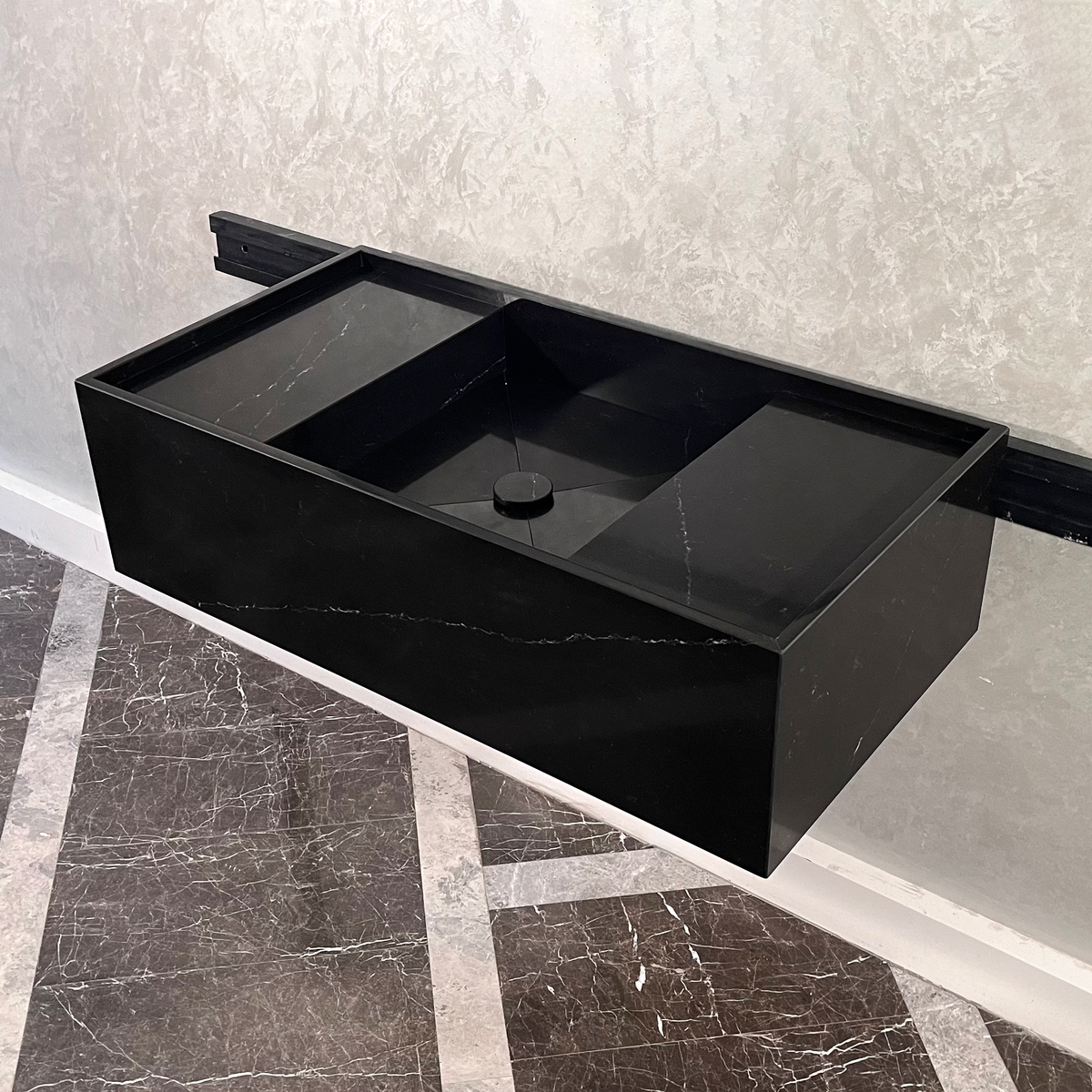 Black Quartz Kitchen Sink Handcrafted Custom Polished Finish Coante Arte Style