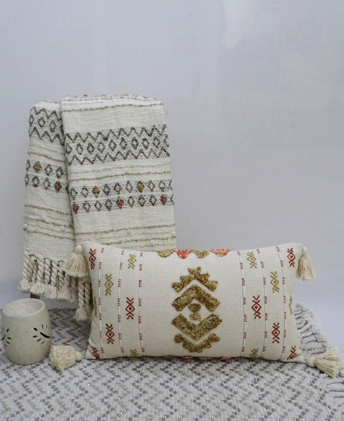 Embroidery Throw Pillow with Tassels 14" X 24"