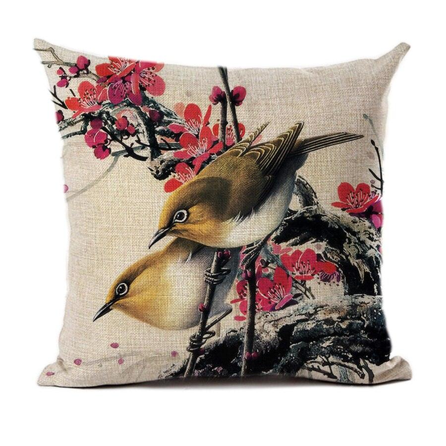 Lovely Bird Polyester Cotton Cushion Cover Bird On The Tree Accent Decorative Throw Pillow Case Hand Painted Cushion Cover Cute Bird Pillow Shells Flower Pattern Pillow Covers Decorative For Sofa Bed Living Room Luxury New Stylish Pillows 45x45cm