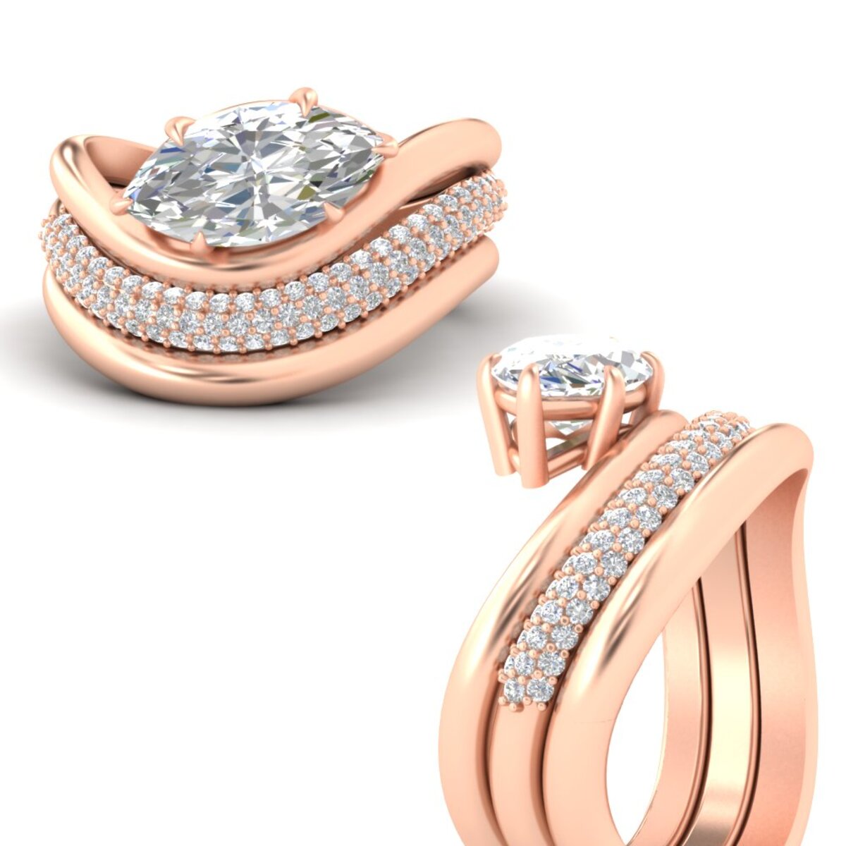 Dual Bands with Wave Solitaire Ring