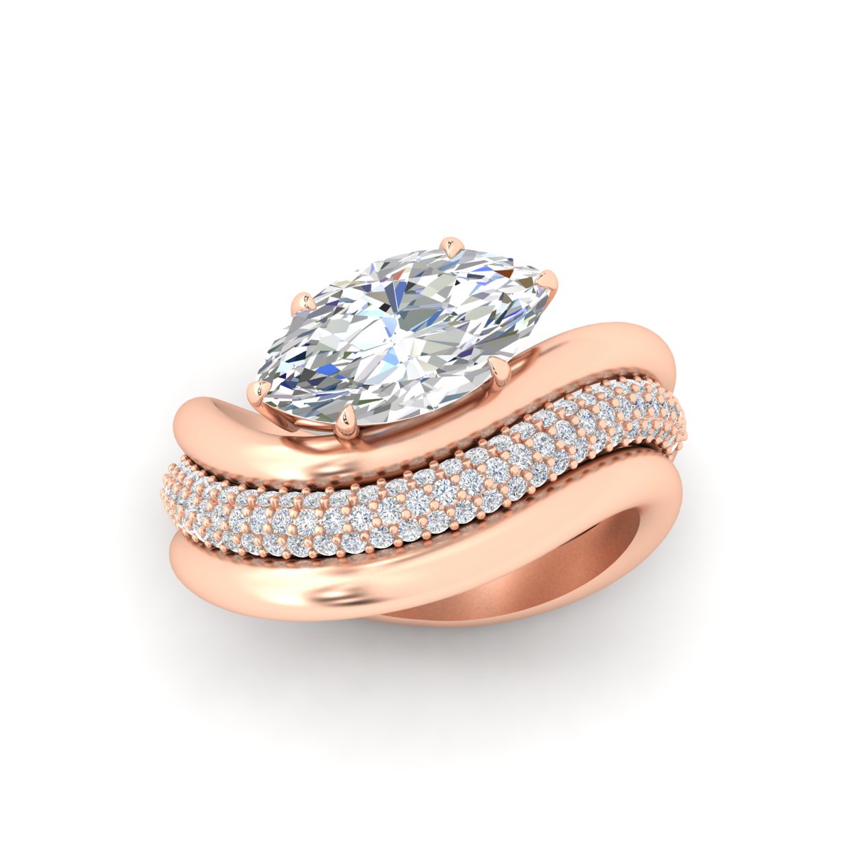 Dual Bands with Wave Solitaire Ring