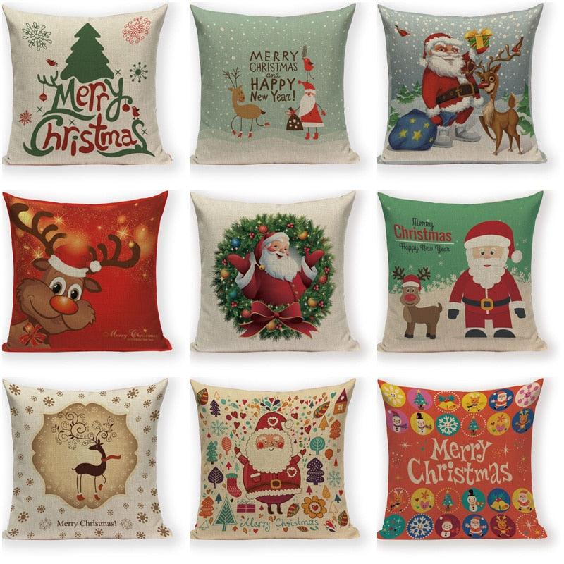 Santa Claus Happy Christmas Cute Deer Decorative Merry Christmas Throw Cushion Covers Tree Reindeer Star Pillow Case For Party Home Decoration Navidad Gift Bed Throw Pillows Case 45x45CM