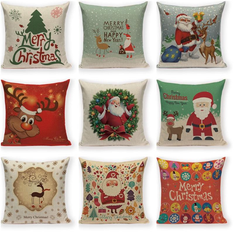Santa Claus Happy Christmas Cute Deer Decorative Merry Christmas Throw Cushion Covers Tree Reindeer Star Pillow Case For Party Home Decoration Navidad Gift Bed Throw Pillows Case 45x45CM