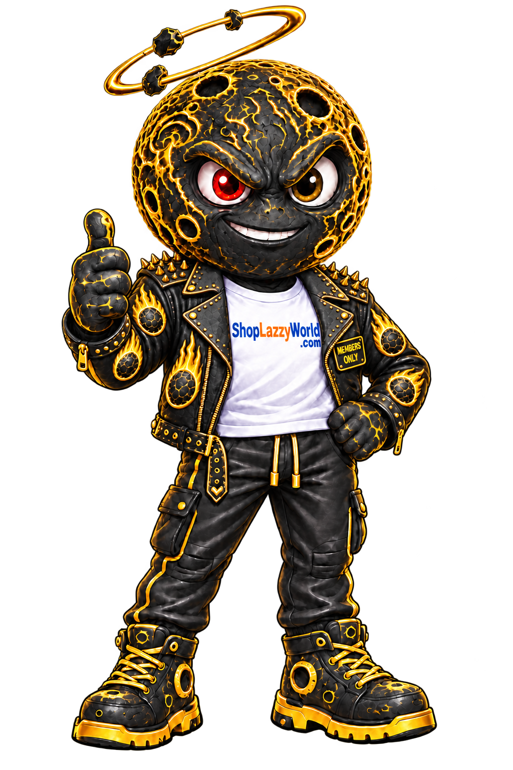 Approved Phantom members-only black and gold leather jacket with gold spikes, gold-flamed meteor patches and Members Only badge
