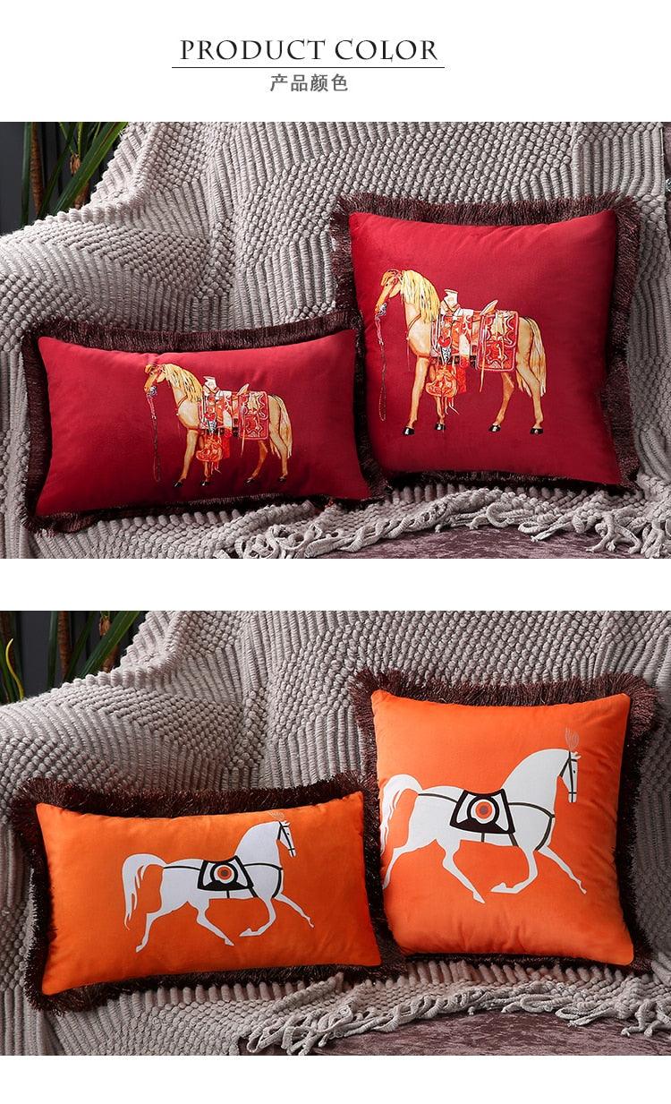 Unique Designed European American Luxury Printed Polyester Cushion Cover Horse printed Lumbar Cover Tassel Edge Modern Throw Pillow Covers Square Decorative Set Cushion Covers For Home Bed Couch Sofa Bench