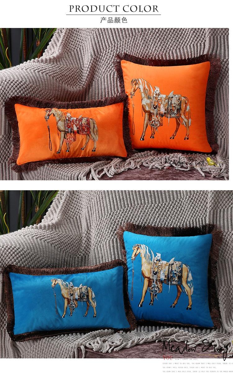 Unique Designed European American Luxury Printed Polyester Cushion Cover Horse printed Lumbar Cover Tassel Edge Modern Throw Pillow Covers Square Decorative Set Cushion Covers For Home Bed Couch Sofa Bench