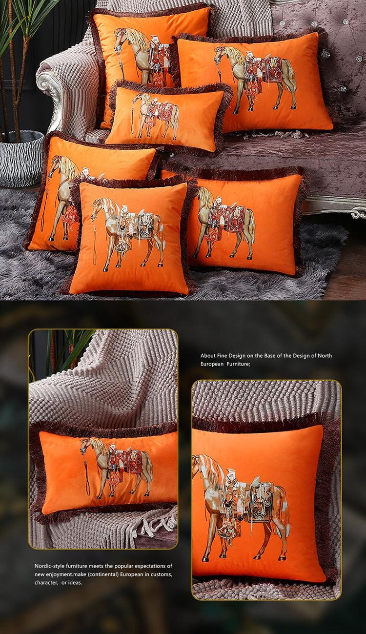 Unique Designed European American Luxury Printed Polyester Cushion Cover Horse printed Lumbar Cover Tassel Edge Modern Throw Pillow Covers Square Decorative Set Cushion Covers For Home Bed Couch Sofa Bench