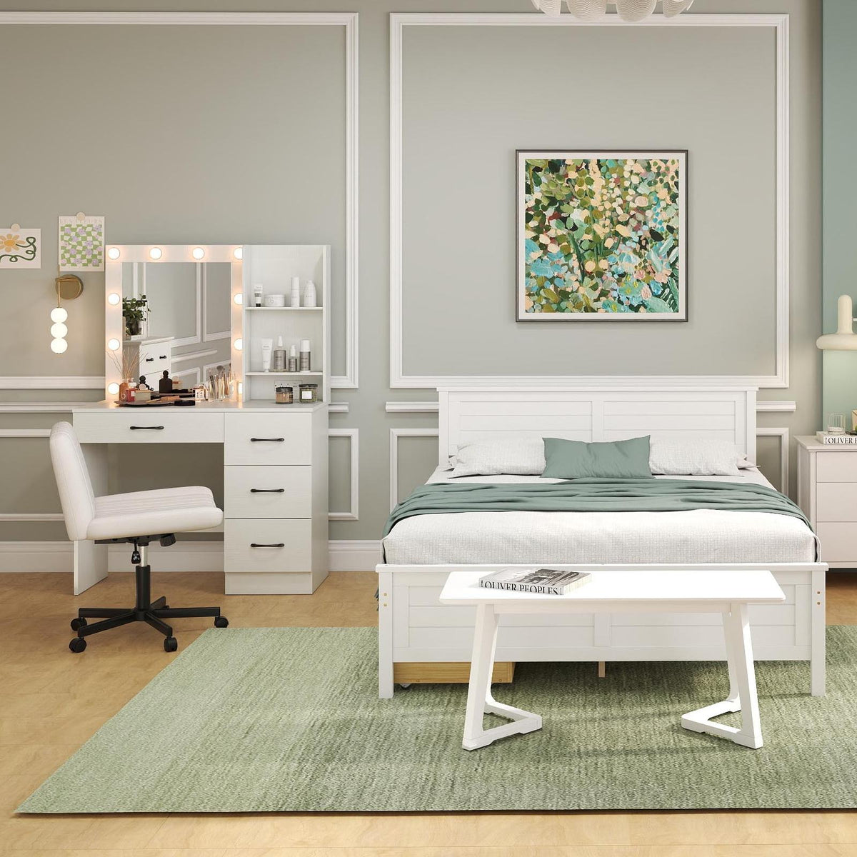 4-Piece Bedroom Furniture Set: Twin Bed Frame, Bench, Vanity Desk & Armoire
