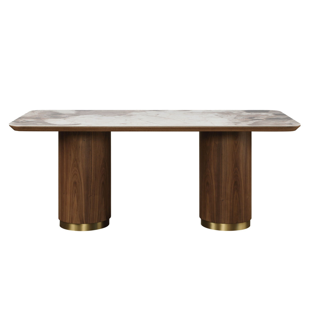 Willene Ceramic Top Dining Table with Double Pedestal Base - Walnut