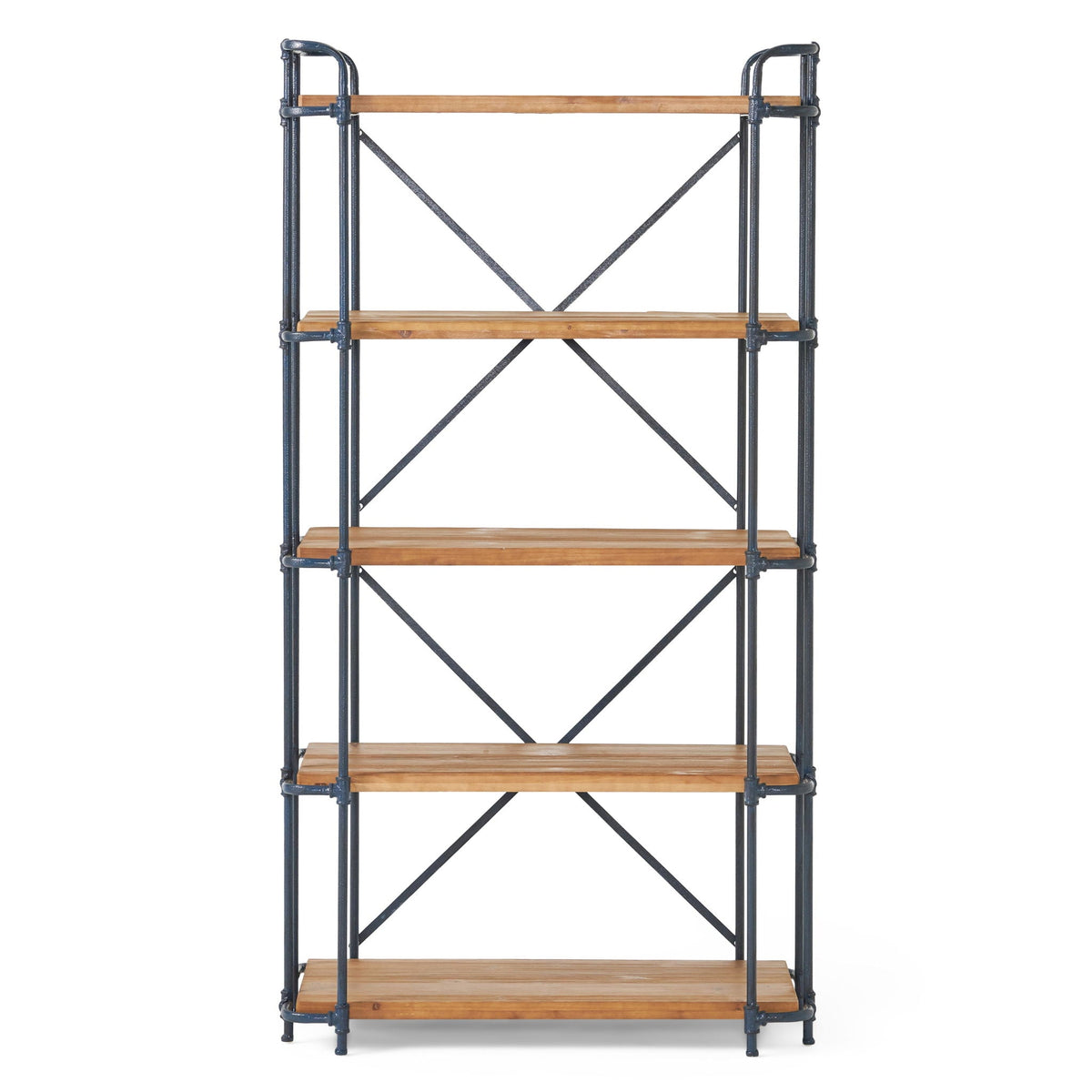 Yorktown Industrial 5 Shelf Bookcase with Metal Pipework and Fir Wood - Natural