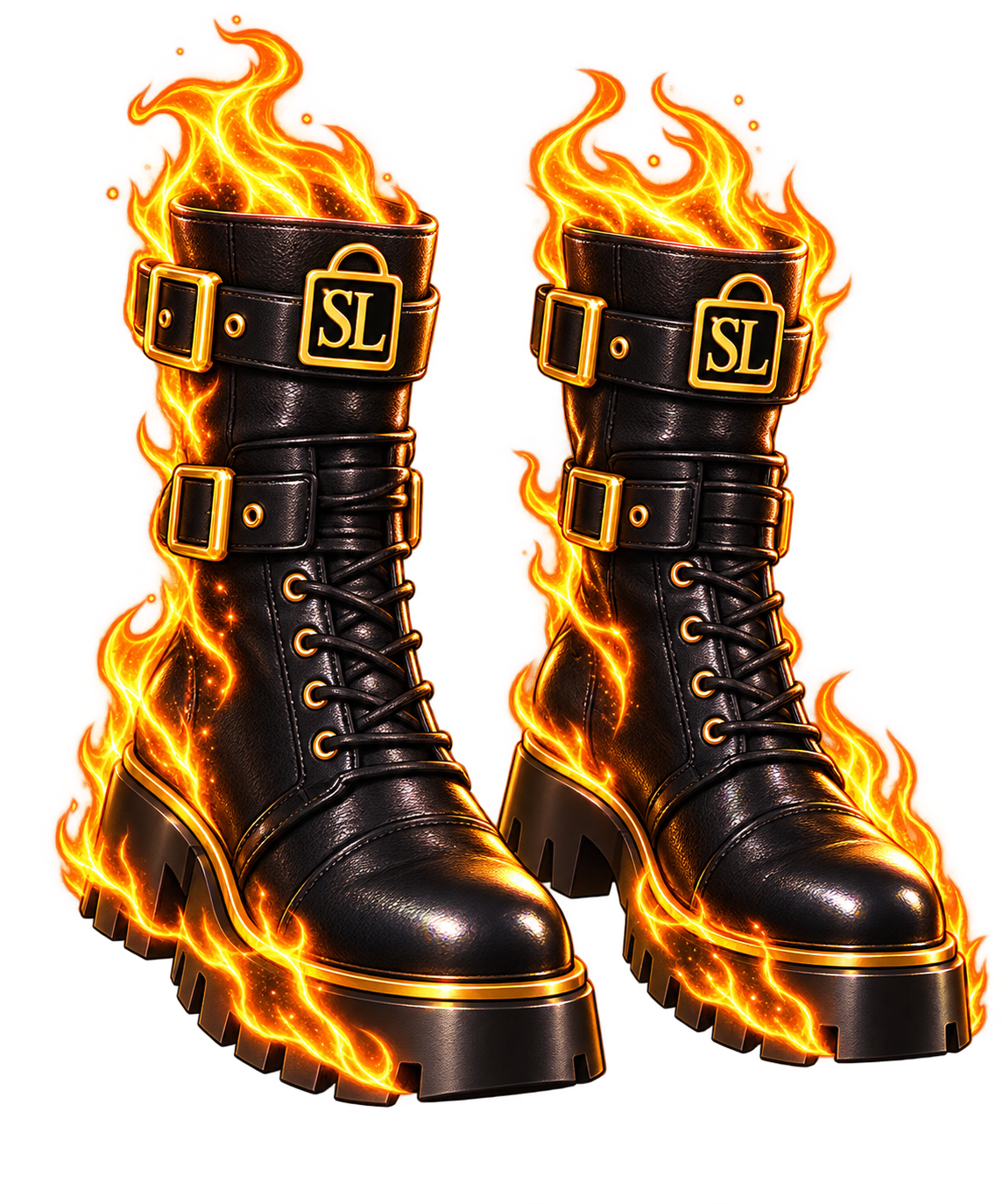 Venus flame boots design candidate: black leather, gold SL buckles and orange flames